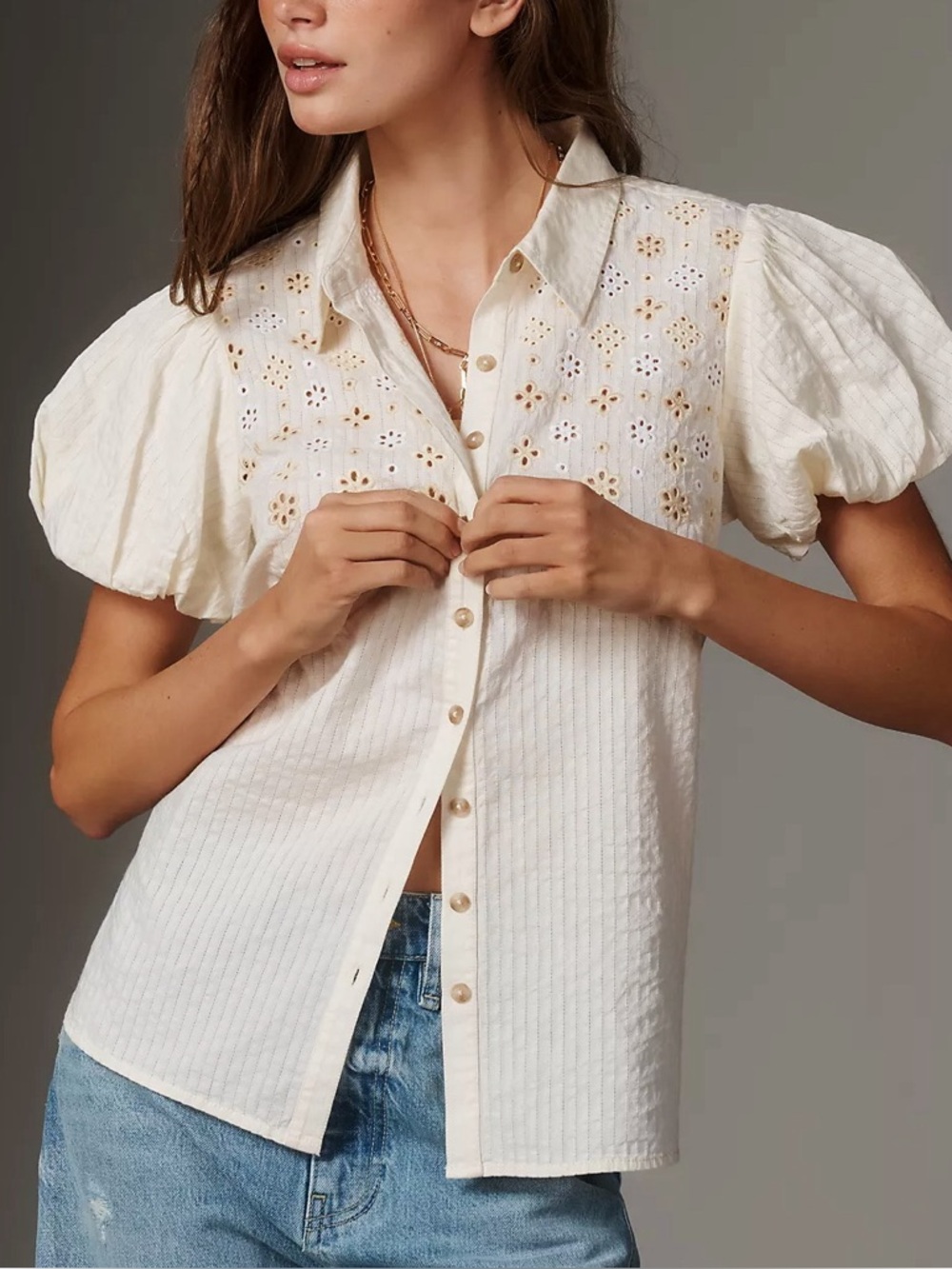 Anthropologie / Pilcro Eyelet Puff-Sleeve Blouse
